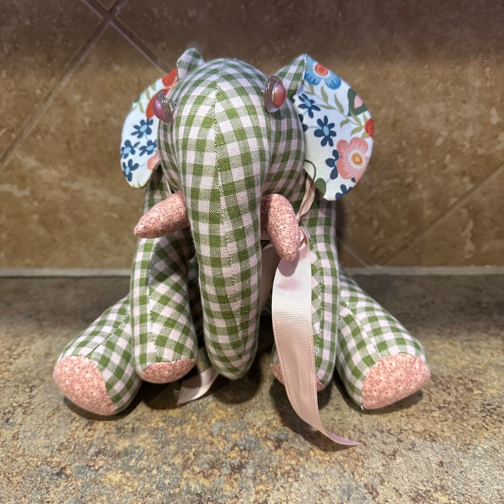 Handmade Patchwork Elephant Plush Green Gingham Floral Button Eyes Vintage Style